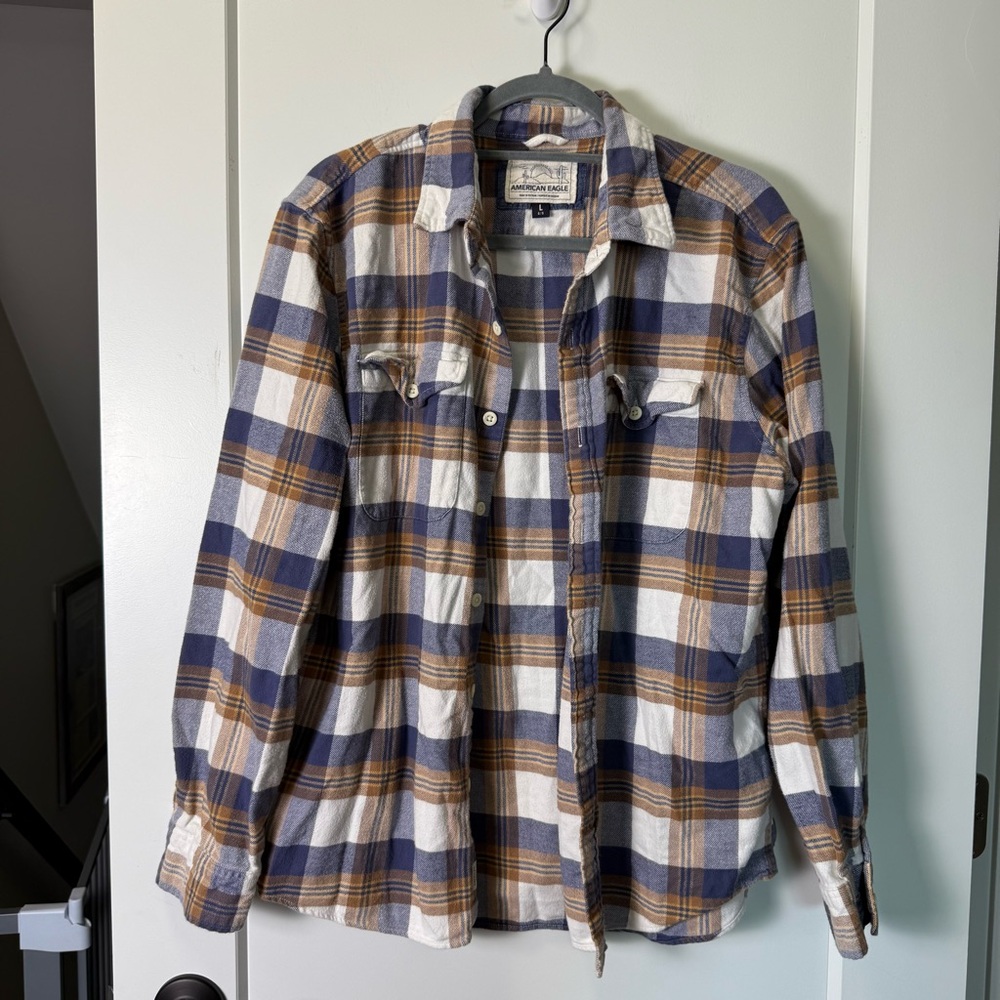 American Eagle Men’s Flannel Plaid Button Up Lumberjack Shirt Blue Tan Casual L